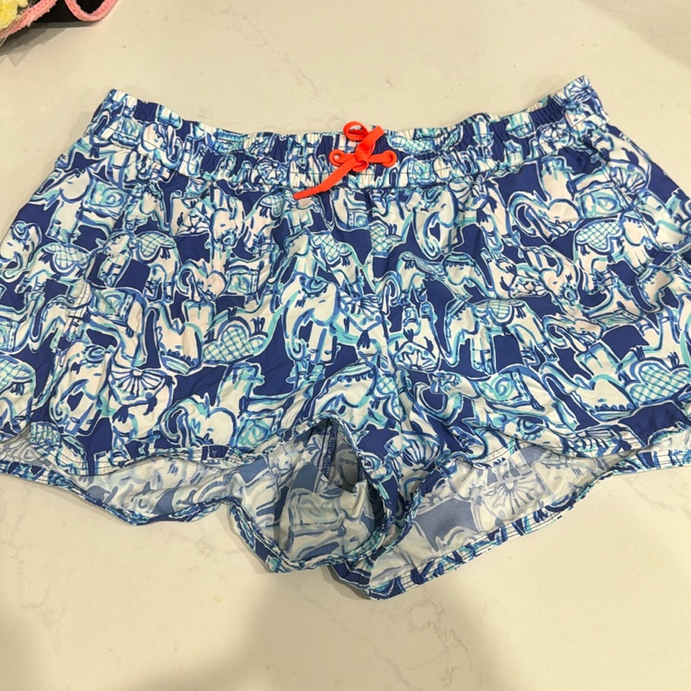 Lilly Pulitzer Blue & Aqua Patterned Athletic Shorts with Coral Drawstring